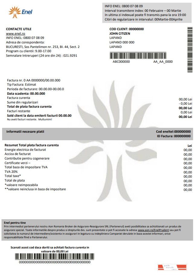 Romania Enel electricity proof of address utility bill template in Word and PDF format (.doc and .pdf)